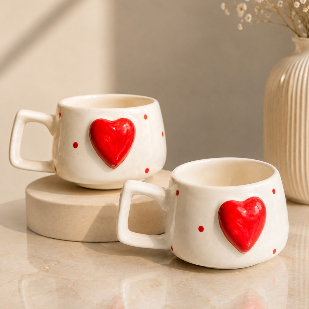 Heartfelt Duo Heart Design Ceramic Mug Set | Set of 2 Heart Mugs - https://artecasa.in/