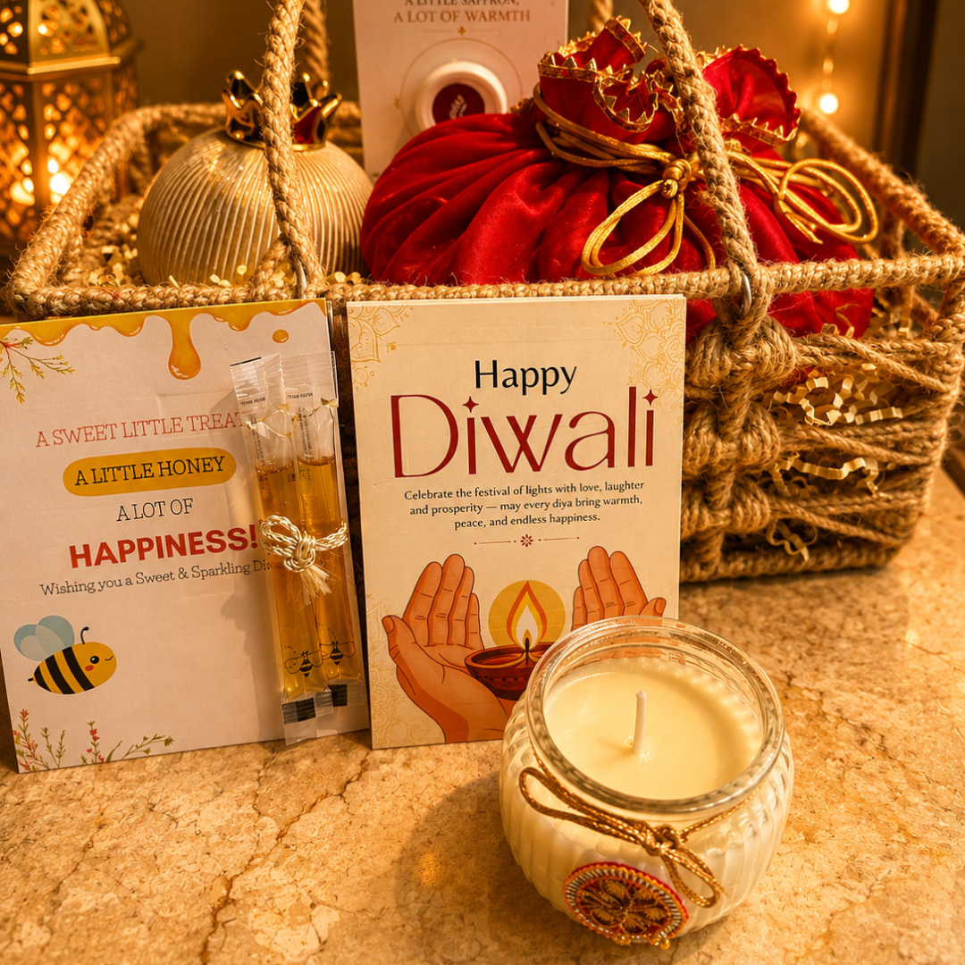 Utsav Jute Net Festive Gift Basket | Red Potli, Pomegranate & Soy Wax Candle - https://artecasa.in/
