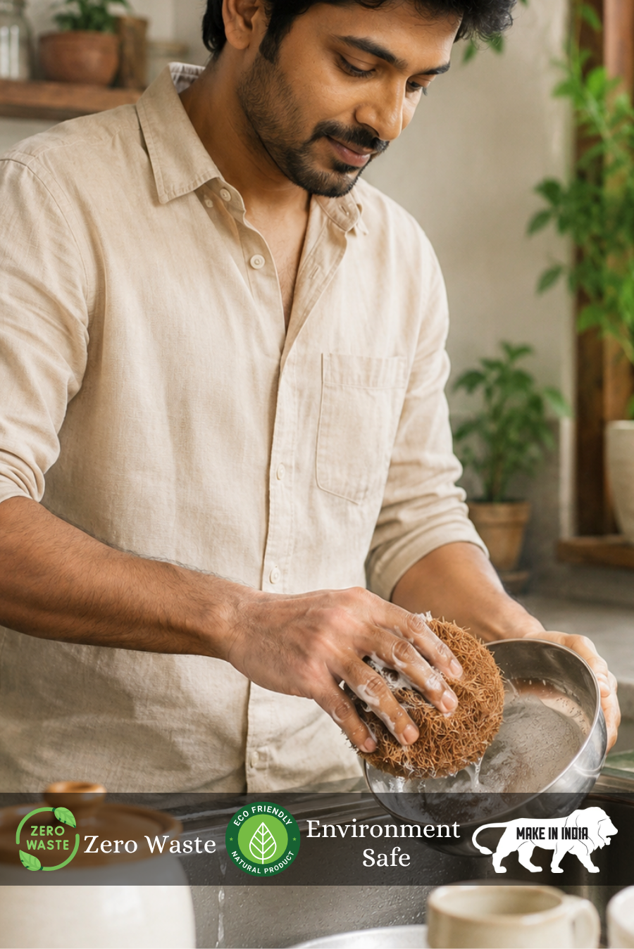 A man washing utensils using almitra sustainables Coconut Fiber Coir Scrub