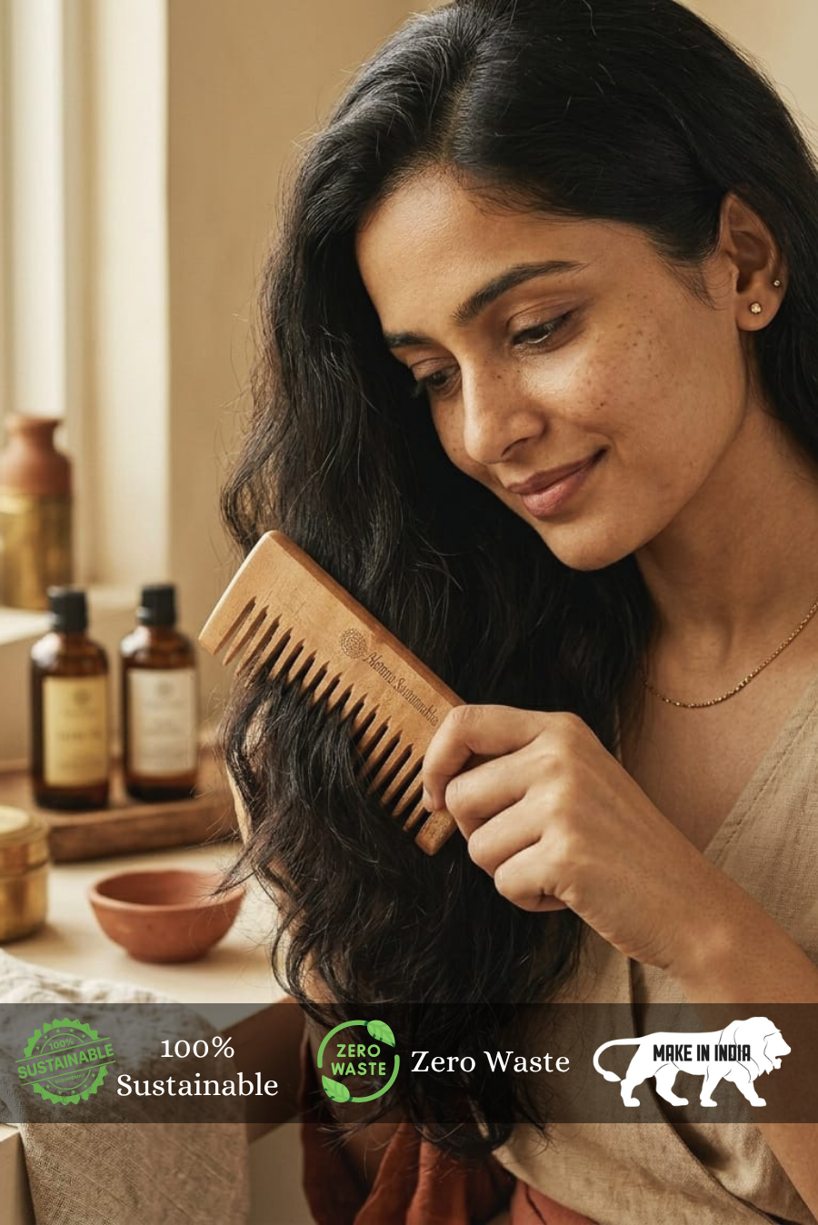 Woman combing her hair with a wooden comb, with zero waste and sustainable branding elements.