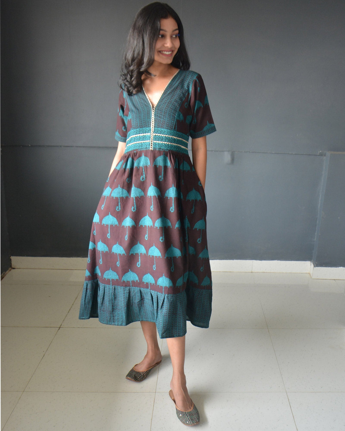 Anokhi Brown Bagh Print Frock style Cotton Kurta Pant Set For Women-4