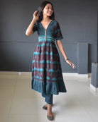 Anokhi Brown Bagh Print Frock style Cotton Kurta Pant Set For Women-6