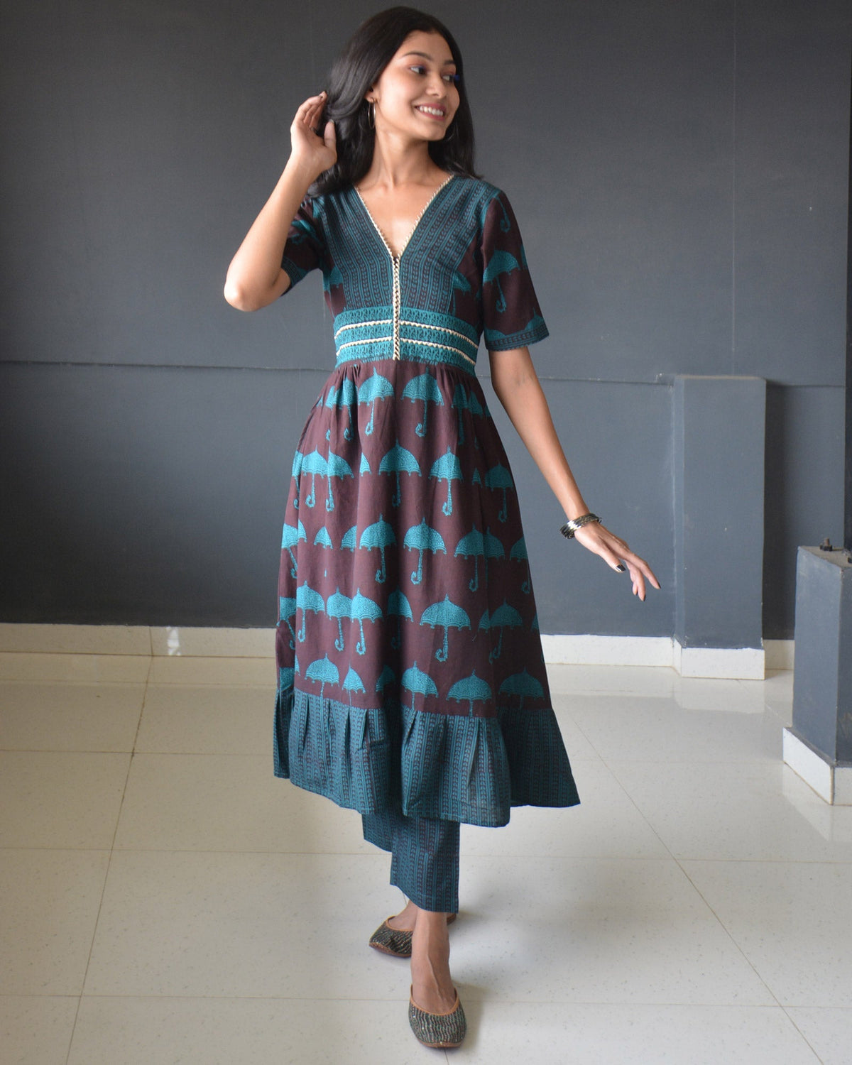 Anokhi Brown Bagh Print Frock style Cotton Kurta Pant Set For Women-6