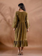Olive green organic cotton long dress for women with gathered waist- back view