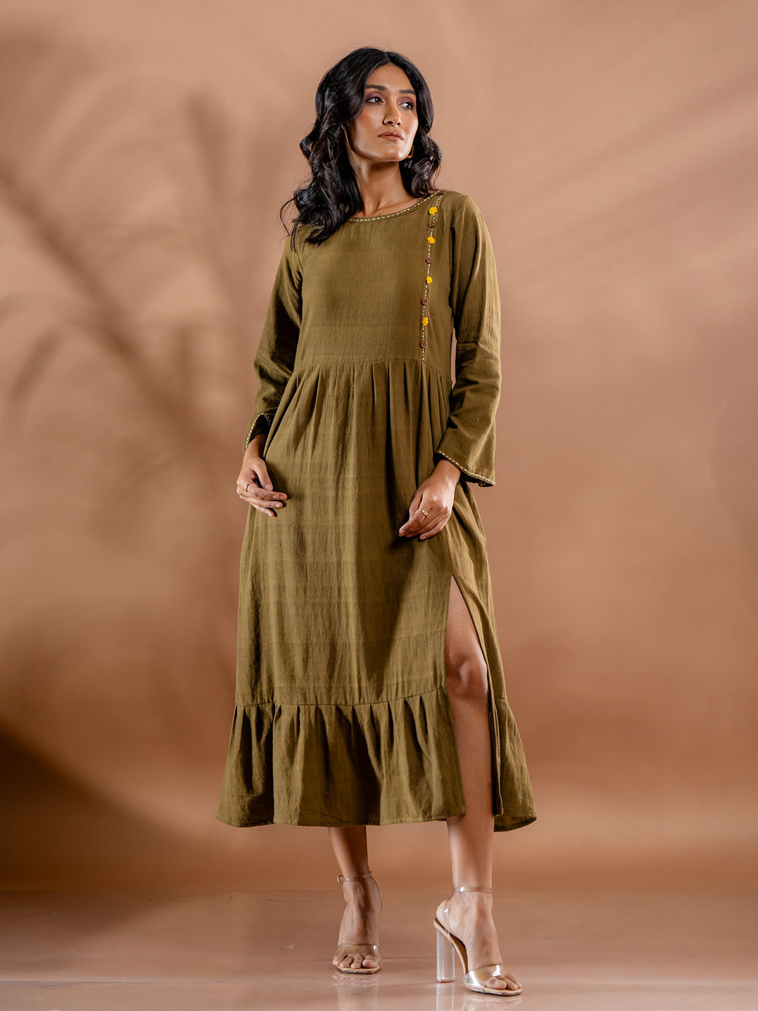 olive green organic cotton midi dress for women with side slit and hand embroidery detail - front 2