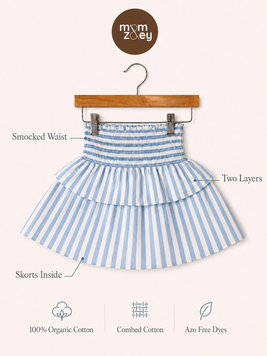 Amalfi Skort flat lay showing blue and white striped GOTS-certified organic cotton