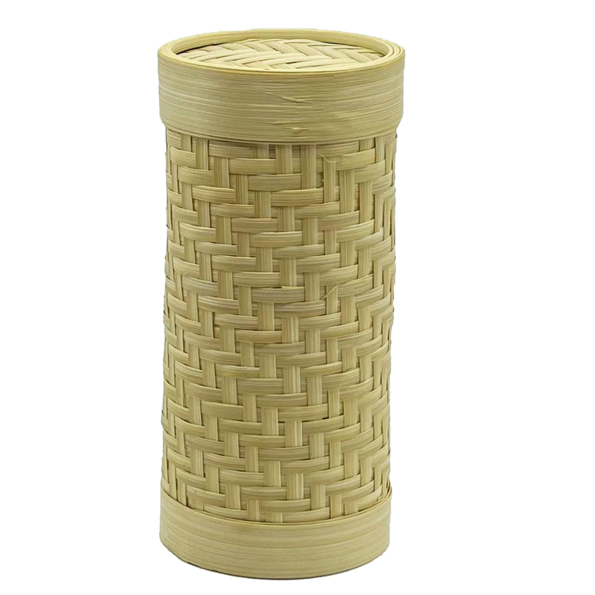 Woven cylindrical basket with a lid on a white background
