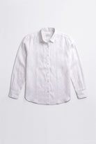 A white long-sleeve linen button-up linen shirt with a pointed collar, laid flat against a light gray background.