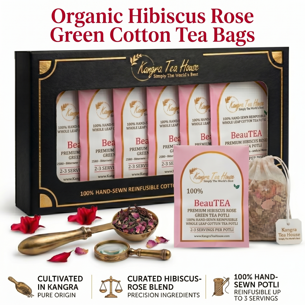 BeauTEA hibiscus rose hand-sewn cotton potli bags pack of 6 – Kangra Tea House