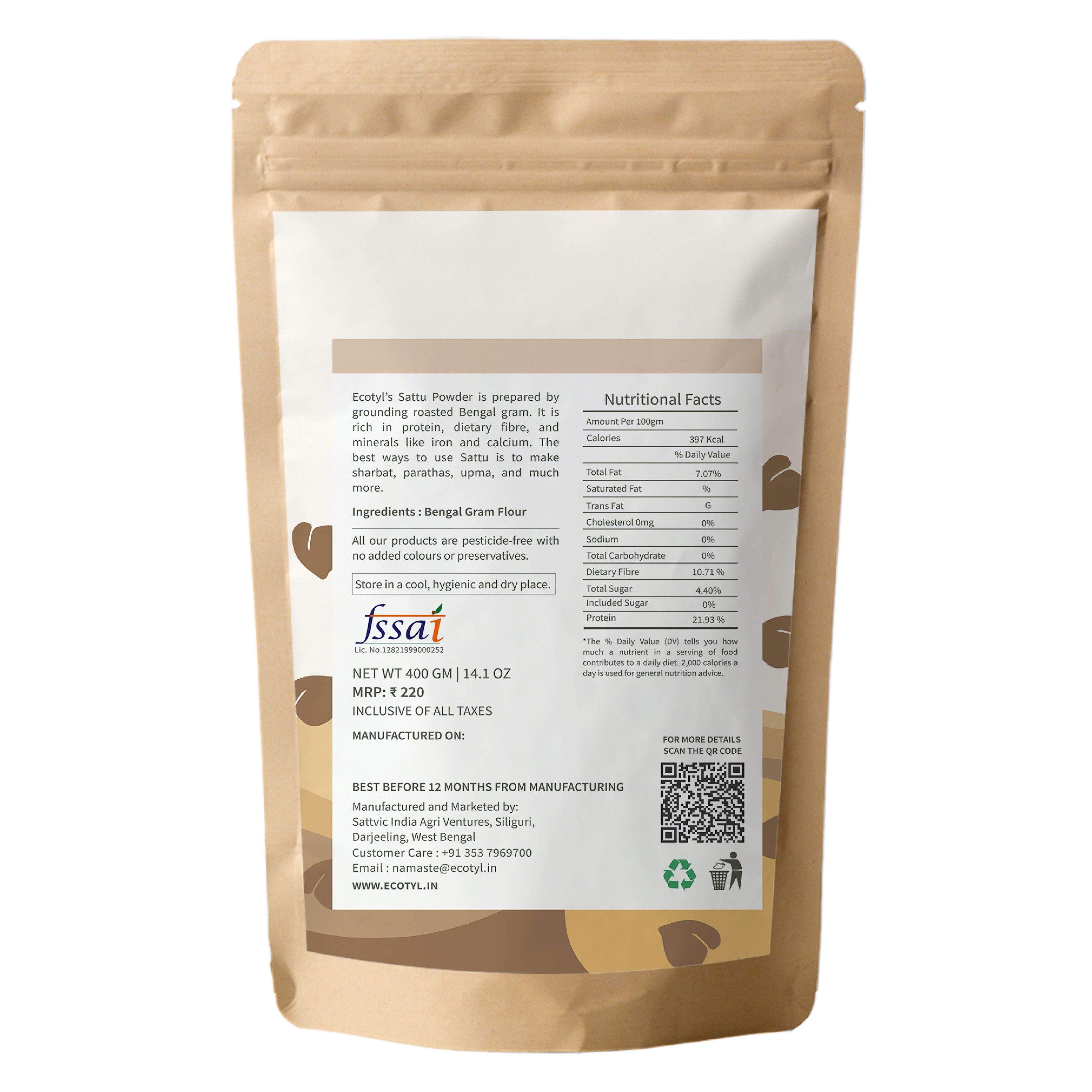 Sattu Atta - Roasted Gram Flour - Ecotyl - 100% Organic I Sustainable