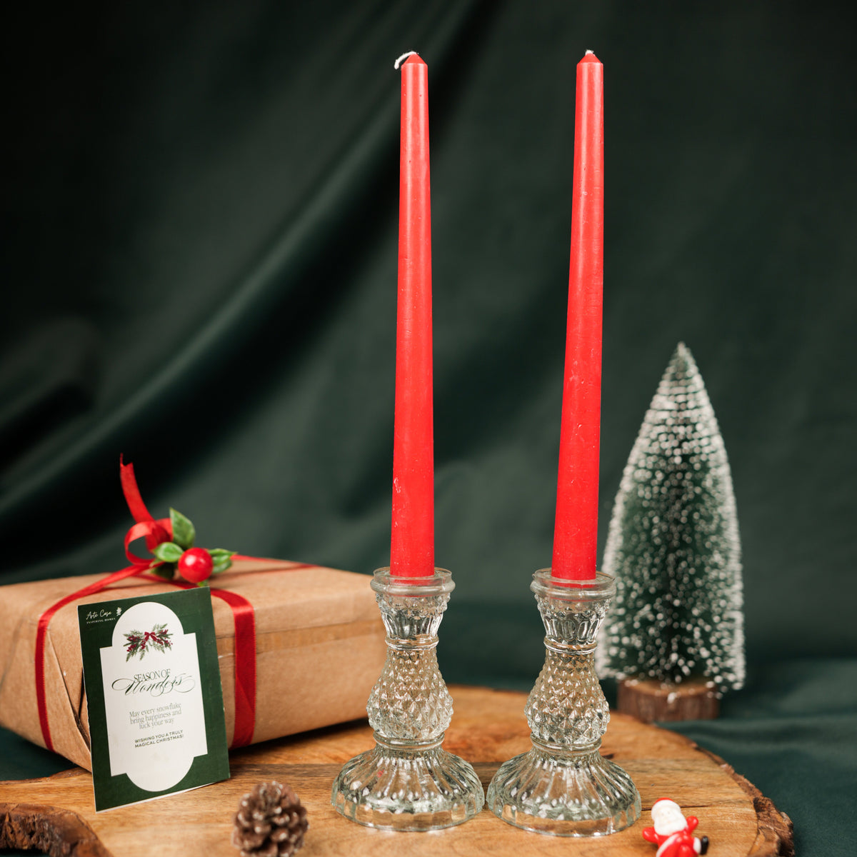 Glass Glow Candle Stand Set – Glass Taper Candle Holders with Red Taper Candles (Set of 2) | - https://artecasa.in/