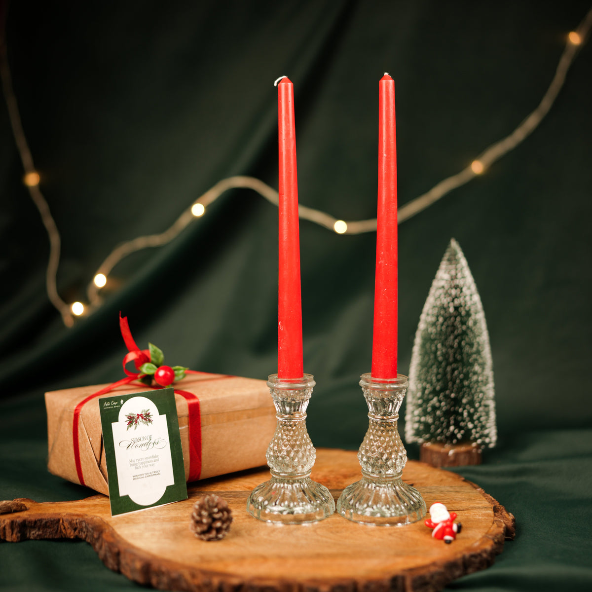 Glass Glow Candle Stand Set – Glass Taper Candle Holders with Red Taper Candles (Set of 2) | - https://artecasa.in/