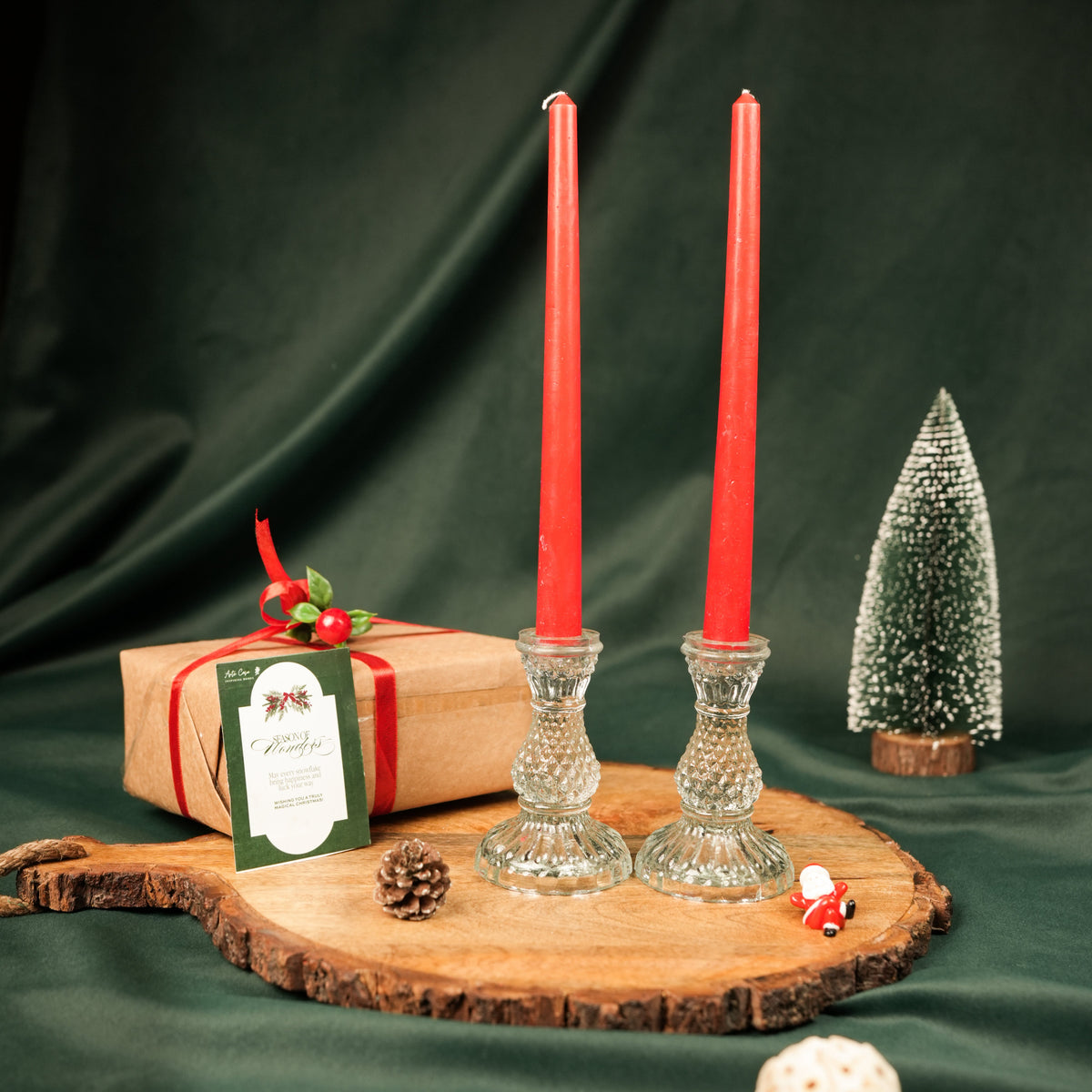 Glass Glow Candle Stand Set – Glass Taper Candle Holders with Red Taper Candles (Set of 2) | - https://artecasa.in/