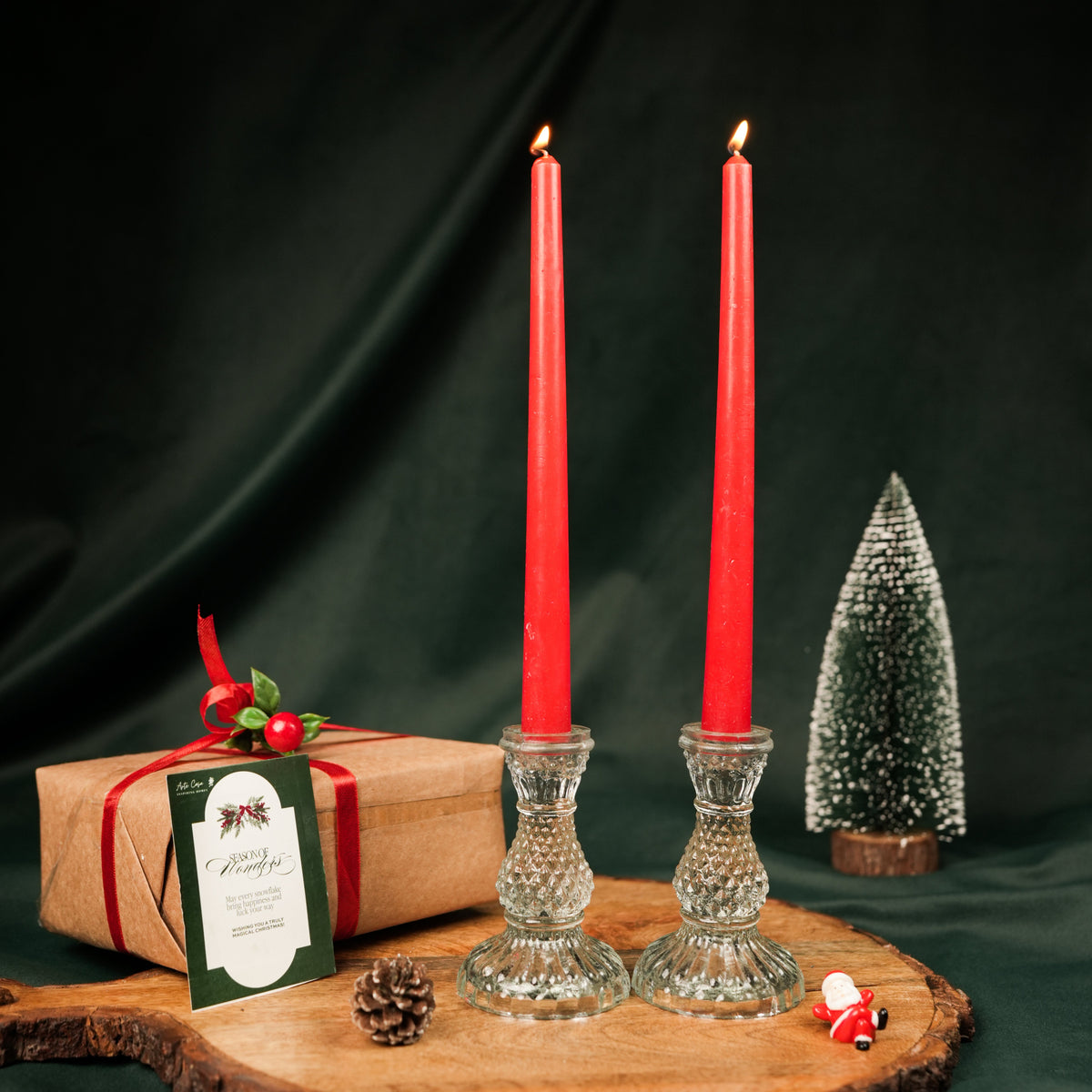 Glass Glow Candle Stand Set – Glass Taper Candle Holders with Red Taper Candles (Set of 2) | - https://artecasa.in/