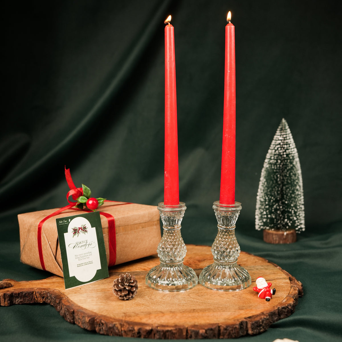 Glass Glow Candle Stand Set – Glass Taper Candle Holders with Red Taper Candles (Set of 2) | - https://artecasa.in/