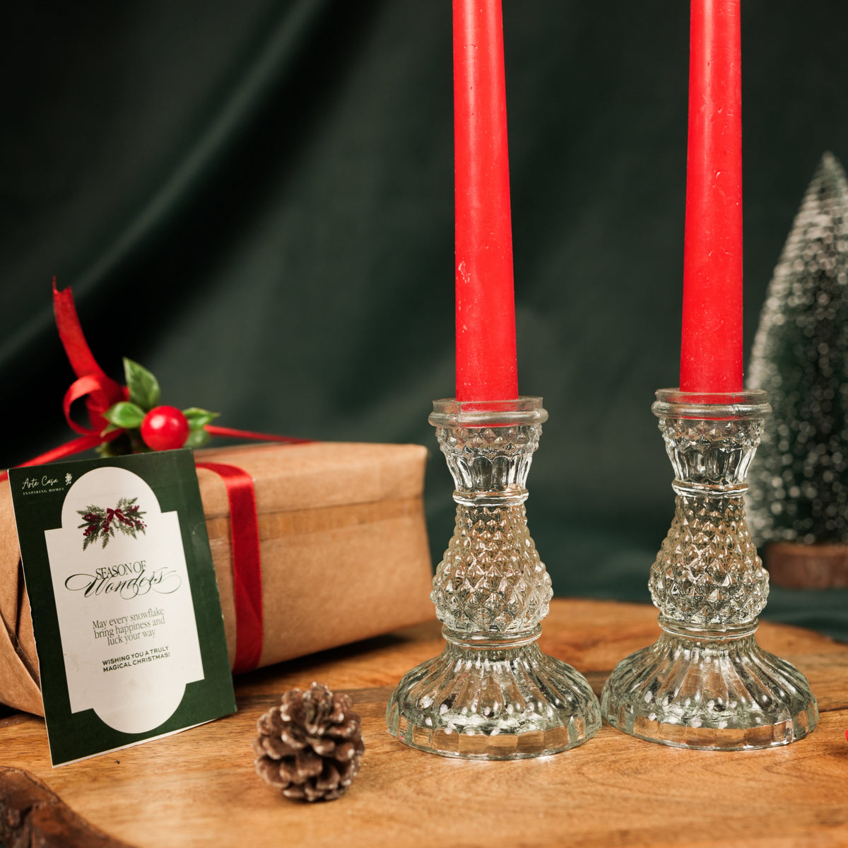 Glass Glow Candle Stand Set – Glass Taper Candle Holders with Red Taper Candles (Set of 2) | - https://artecasa.in/