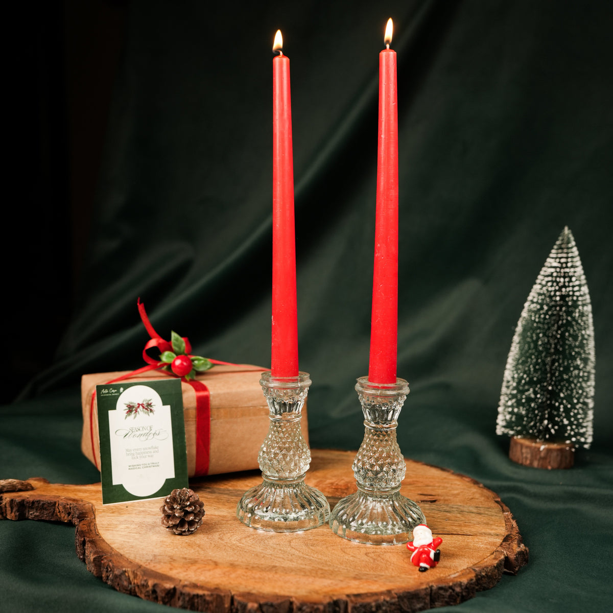 Glass Glow Candle Stand Set – Glass Taper Candle Holders with Red Taper Candles (Set of 2) | - https://artecasa.in/