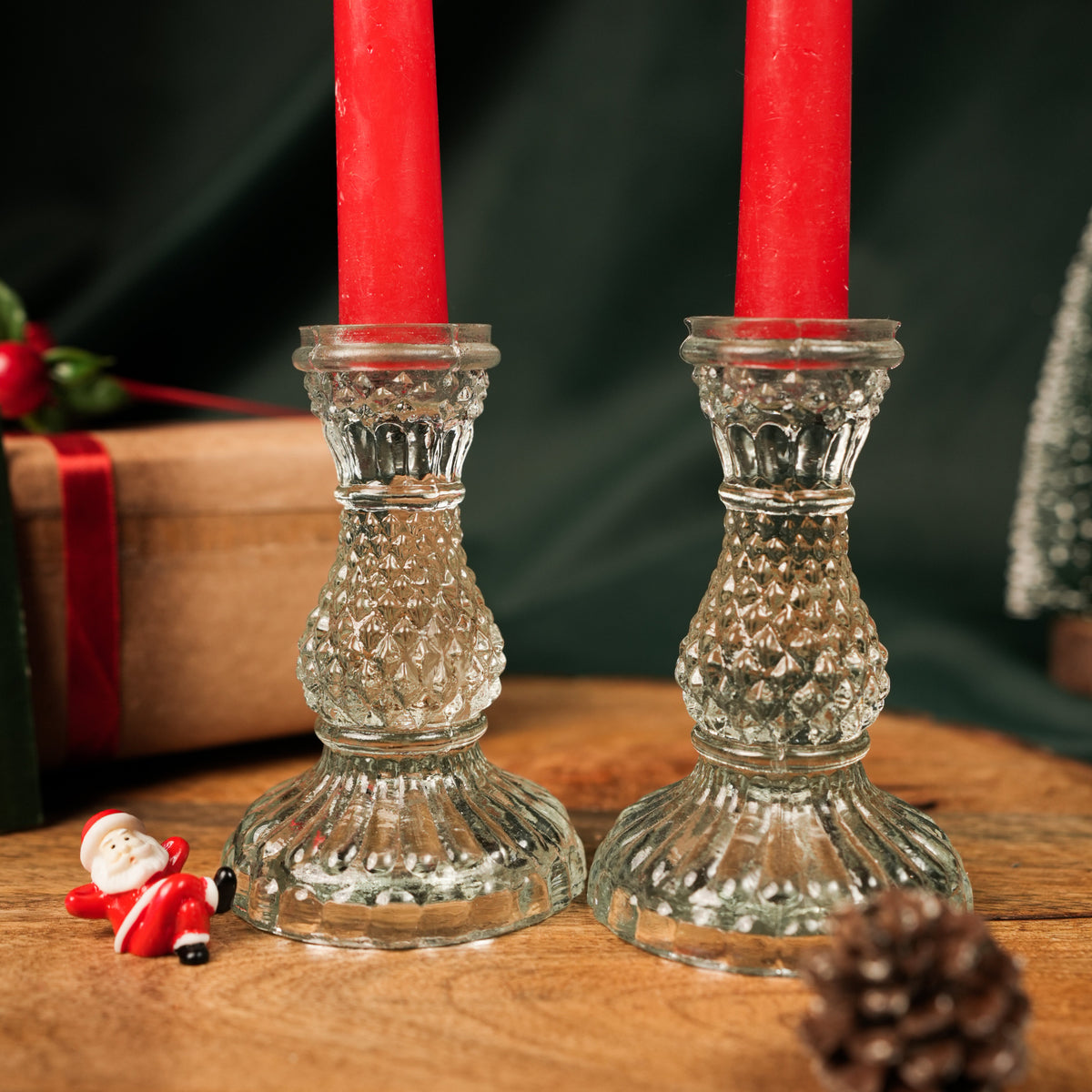 Glass Glow Candle Stand Set – Glass Taper Candle Holders with Red Taper Candles (Set of 2) | - https://artecasa.in/