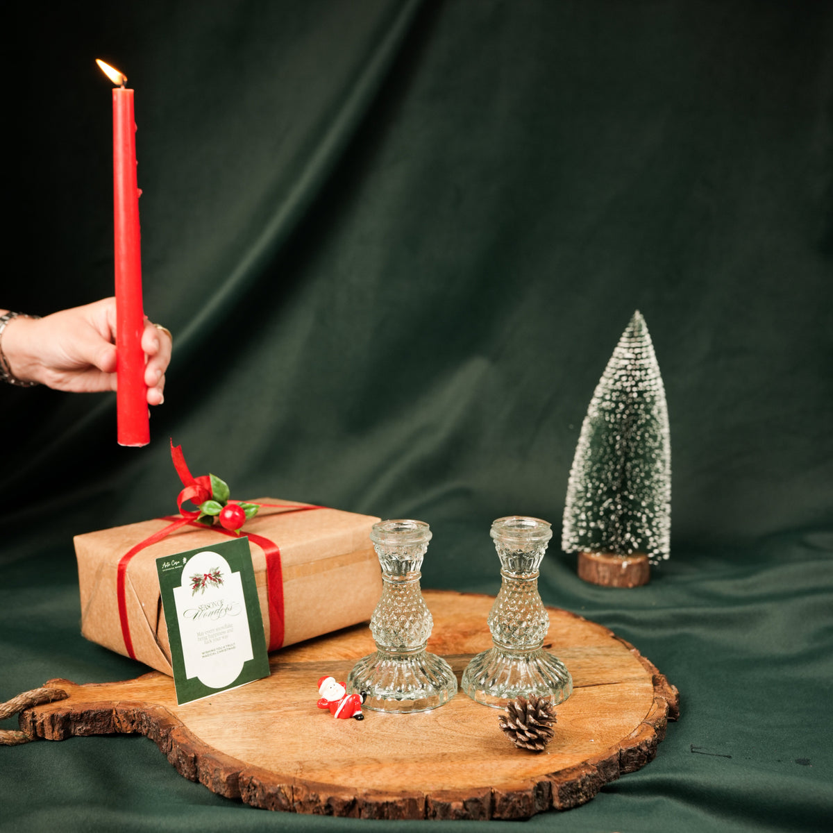 Glass Glow Candle Stand Set – Glass Taper Candle Holders with Red Taper Candles (Set of 2) | - https://artecasa.in/