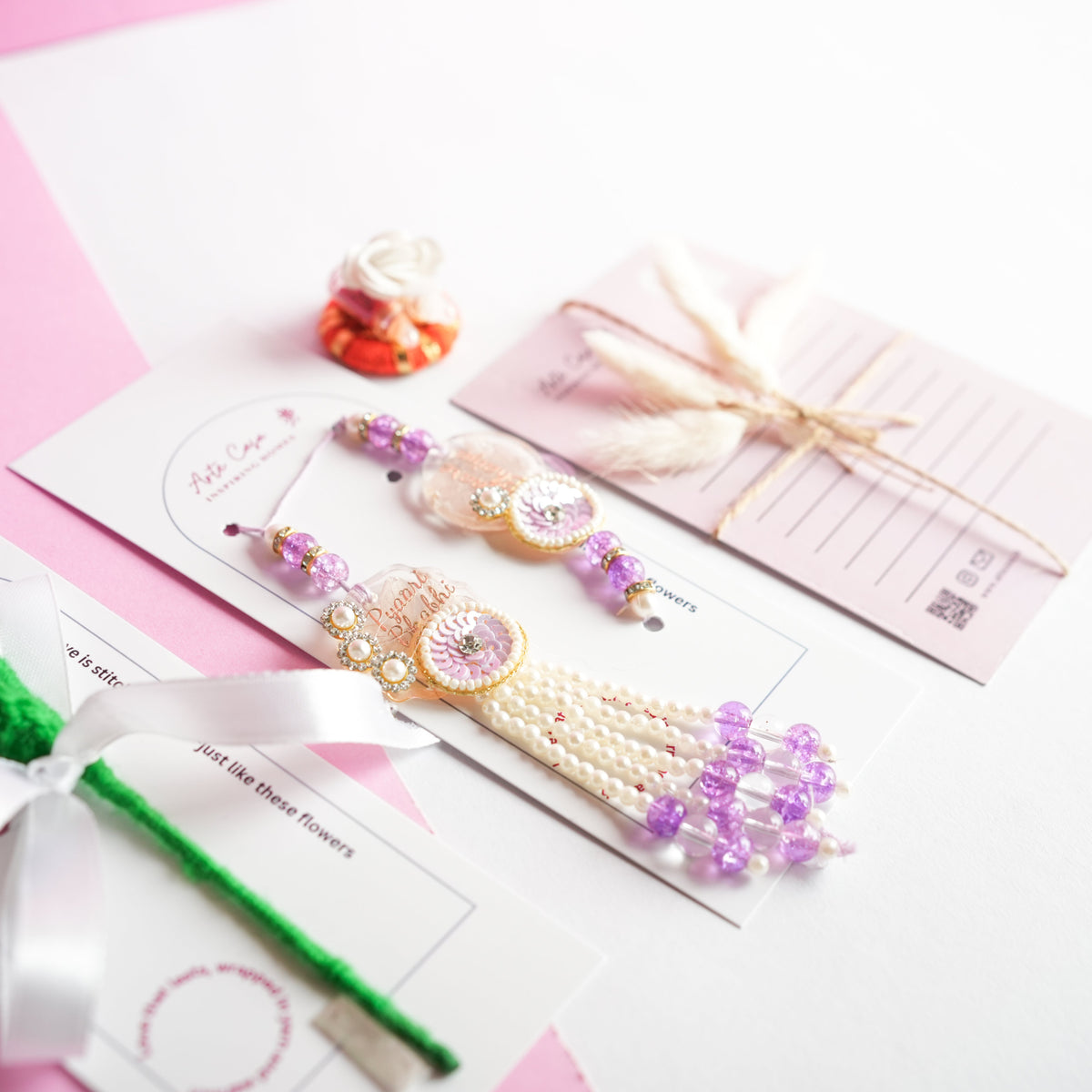Handcrafted Tulip crochet Rakhi hamper (Light Purple) - https://artecasa.in/