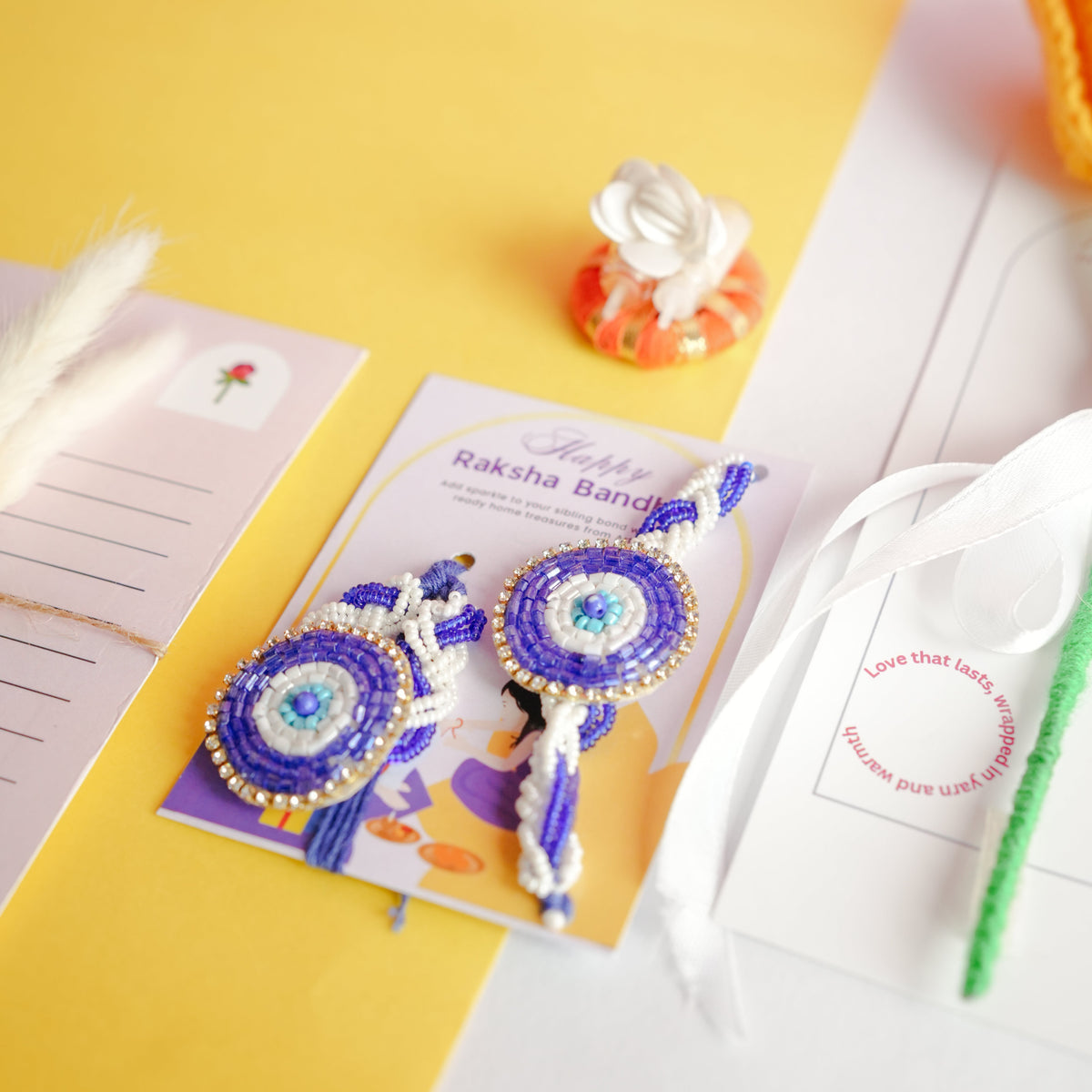 Handcrafted Tulip crochet Rakhi hamper (yellow) - https://artecasa.in/