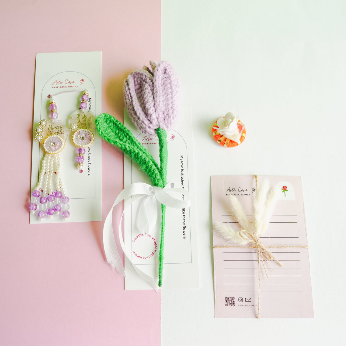 Handcrafted Tulip crochet Rakhi hamper (Light Purple) - https://artecasa.in/