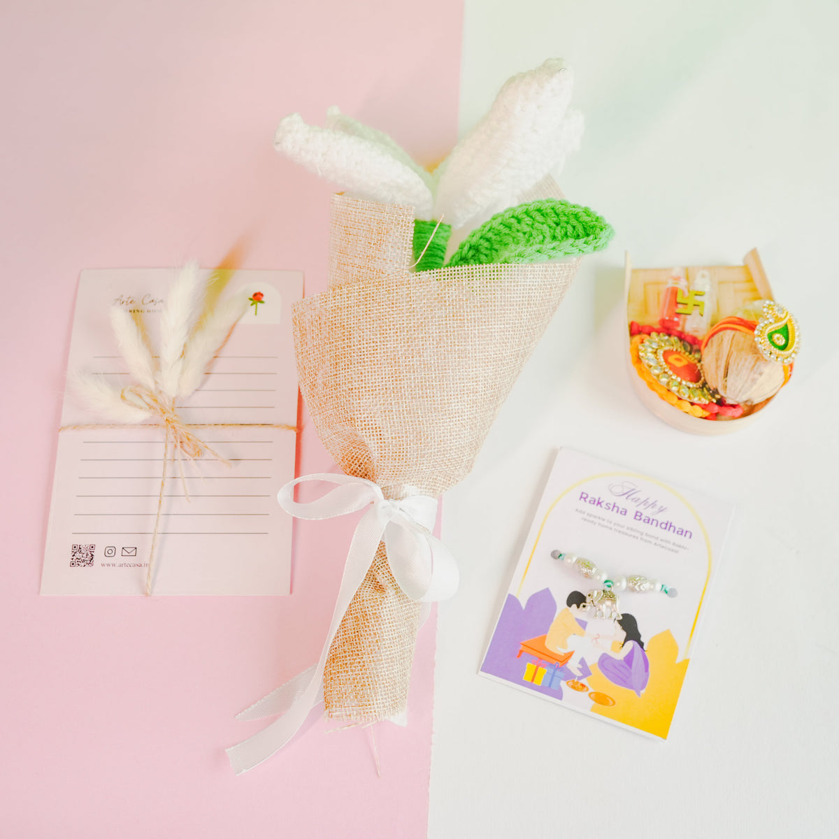 Handcrafted crochet lily Rakhi hamper (White) - https://artecasa.in/