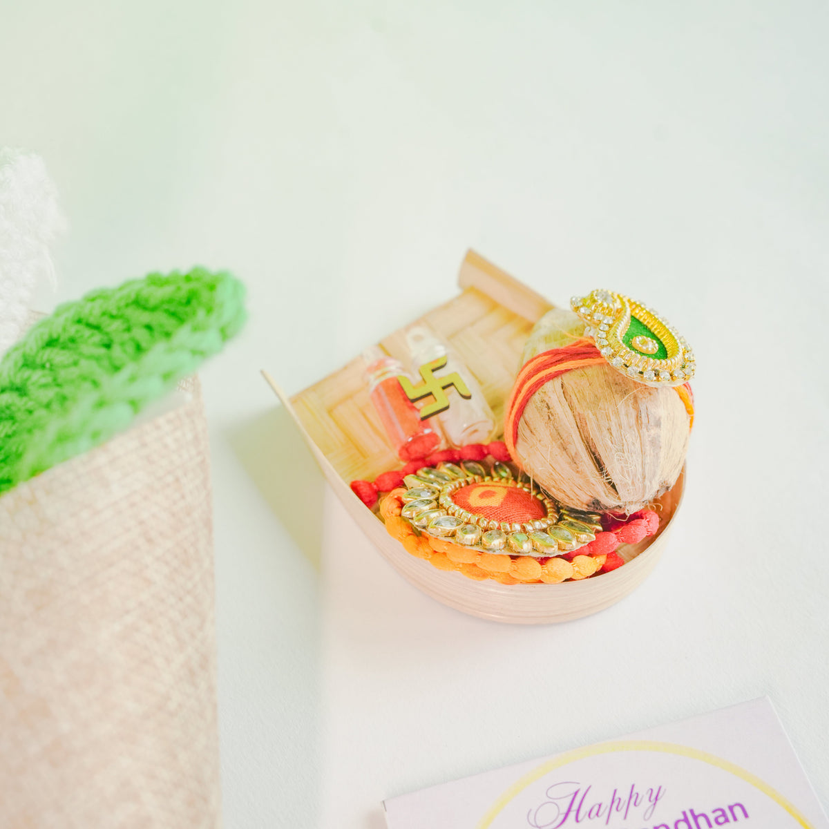Handcrafted crochet lily Rakhi hamper (White) - https://artecasa.in/