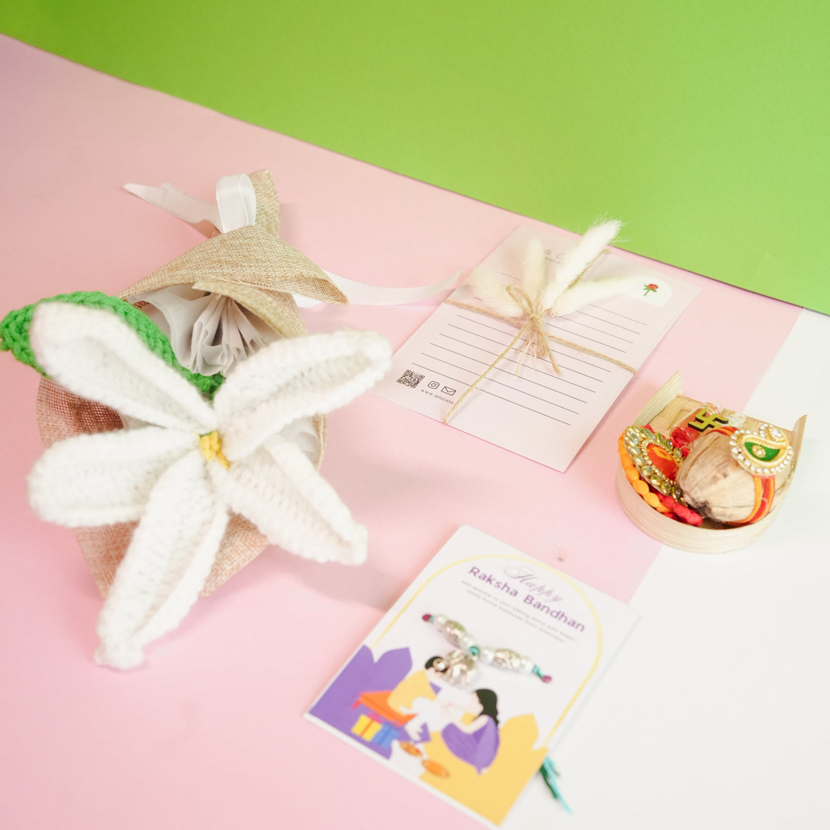 Handcrafted crochet lily Rakhi hamper (White) - https://artecasa.in/