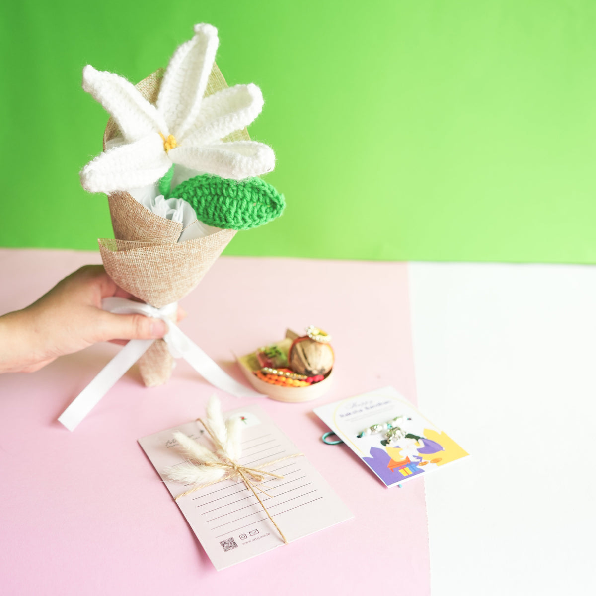 Handcrafted crochet lily Rakhi hamper (White) - https://artecasa.in/