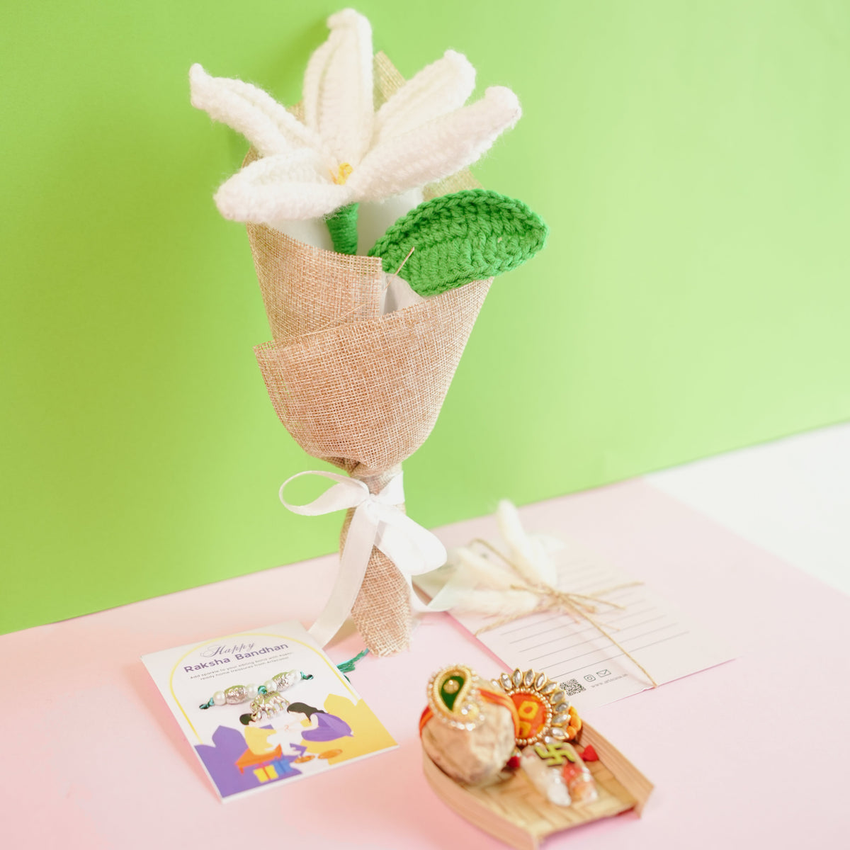 Handcrafted crochet lily Rakhi hamper (White) - https://artecasa.in/