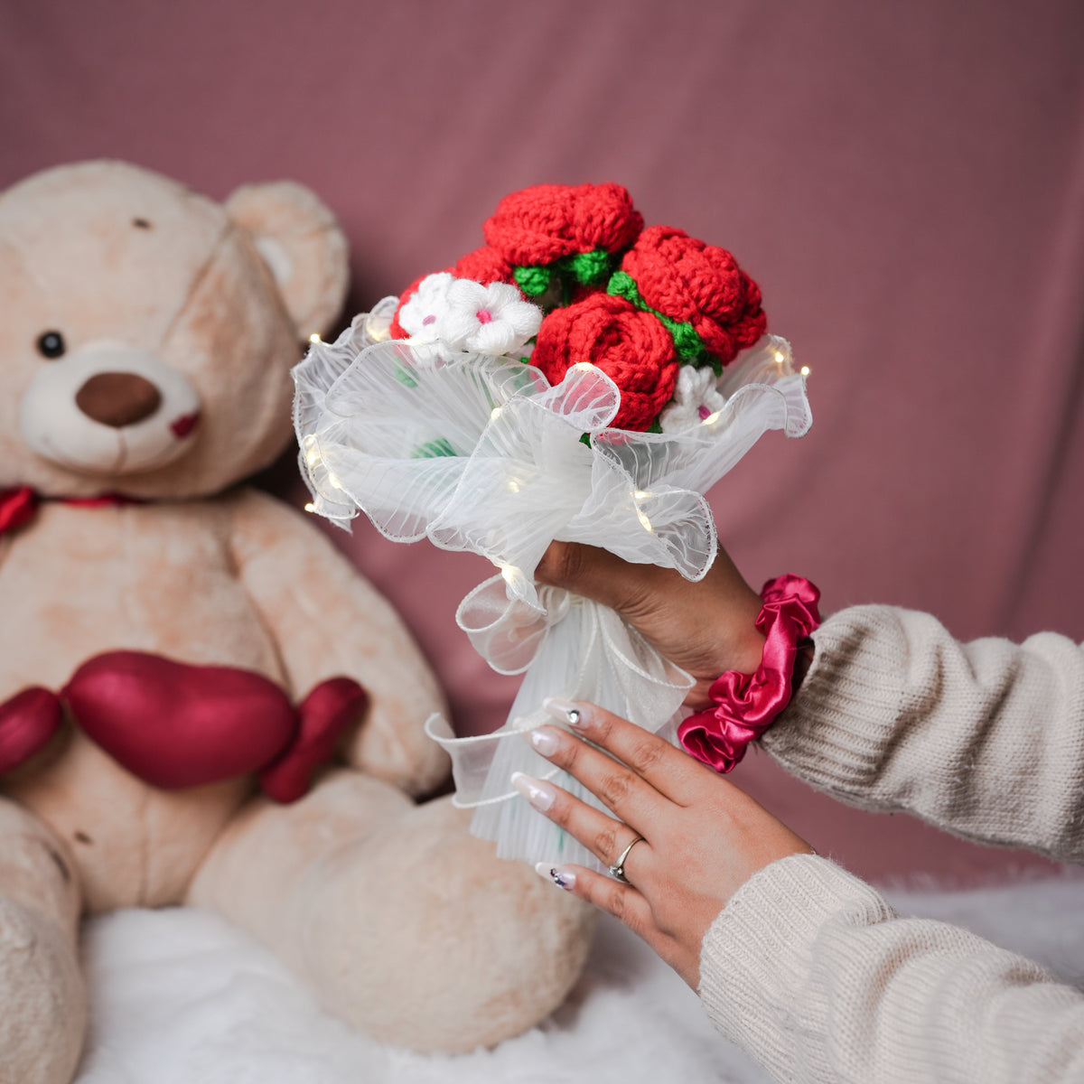 Radiant Red Rose Bloom – Handcrafted Crochet  with LED Glow | ArteCasa - https://artecasa.in/