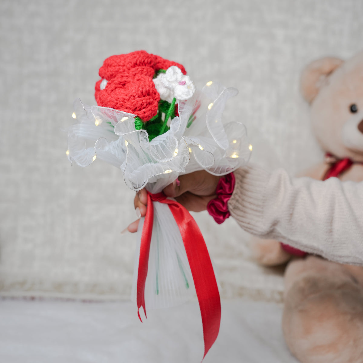 Radiant Red Rose Bloom – Handcrafted Crochet  with LED Glow | ArteCasa - https://artecasa.in/