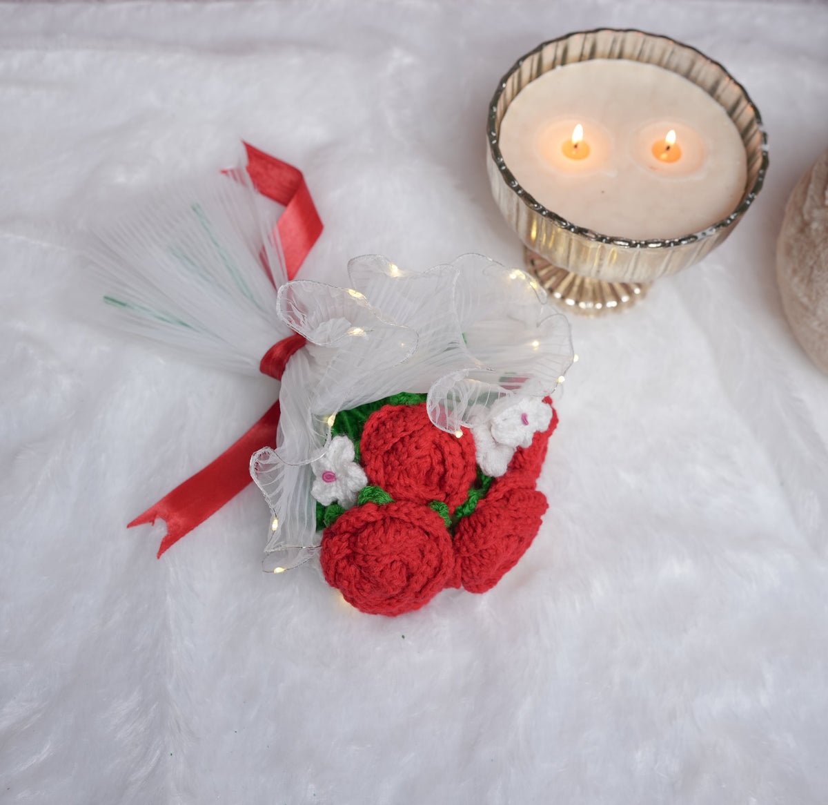 Radiant Red Rose Bloom – Handcrafted Crochet  with LED Glow | ArteCasa - https://artecasa.in/