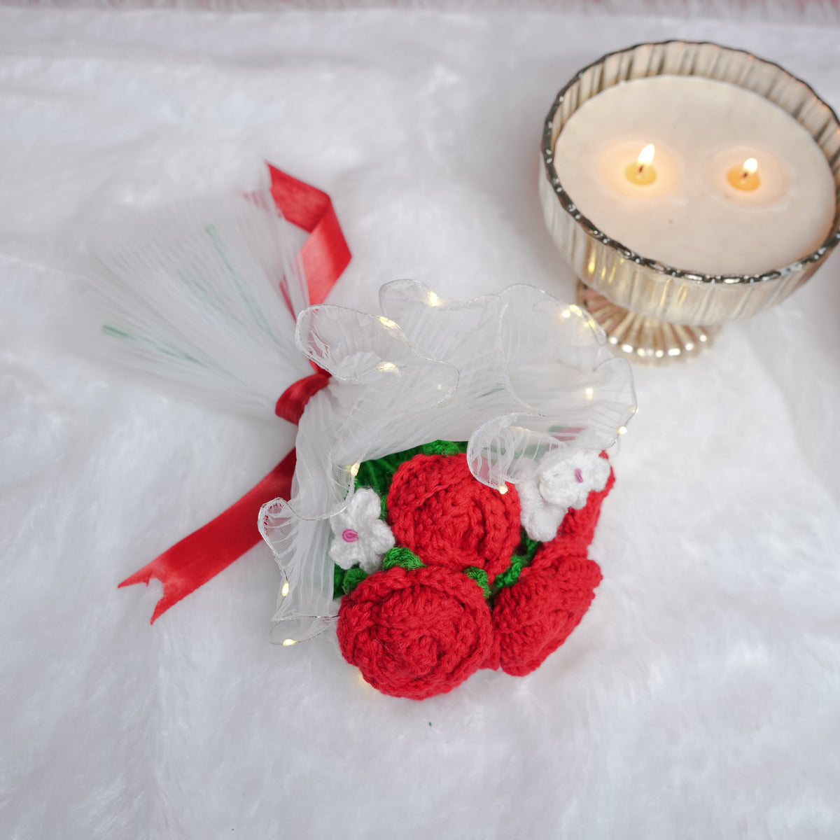 Radiant Red Rose Bloom – Handcrafted Crochet  with LED Glow | ArteCasa - https://artecasa.in/