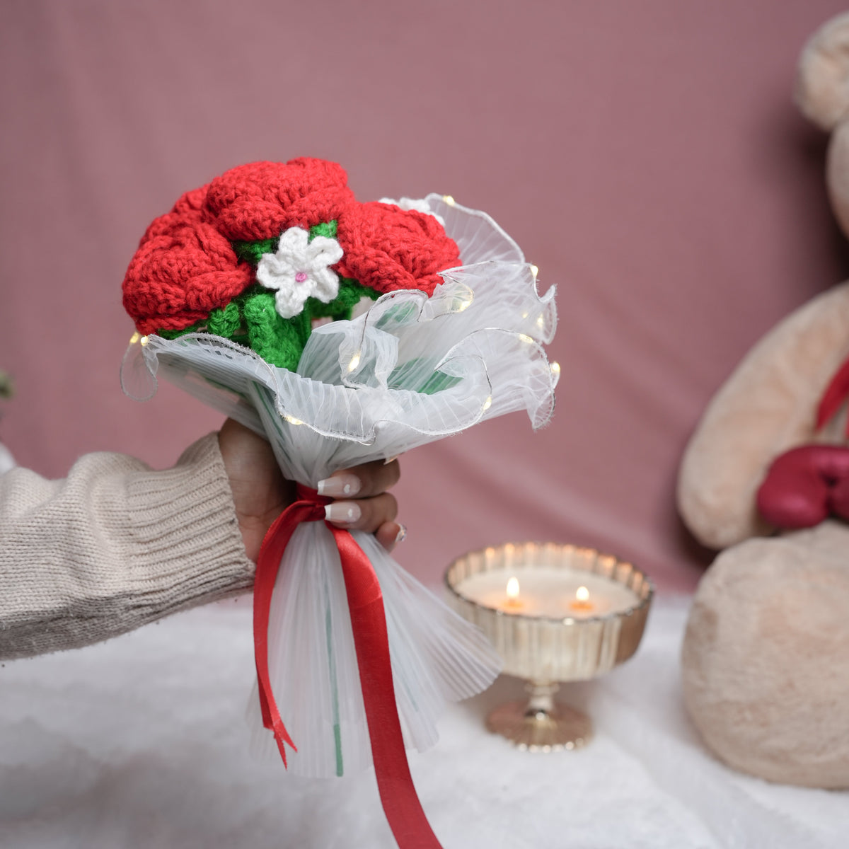 Radiant Red Rose Bloom – Handcrafted Crochet  with LED Glow | ArteCasa - https://artecasa.in/