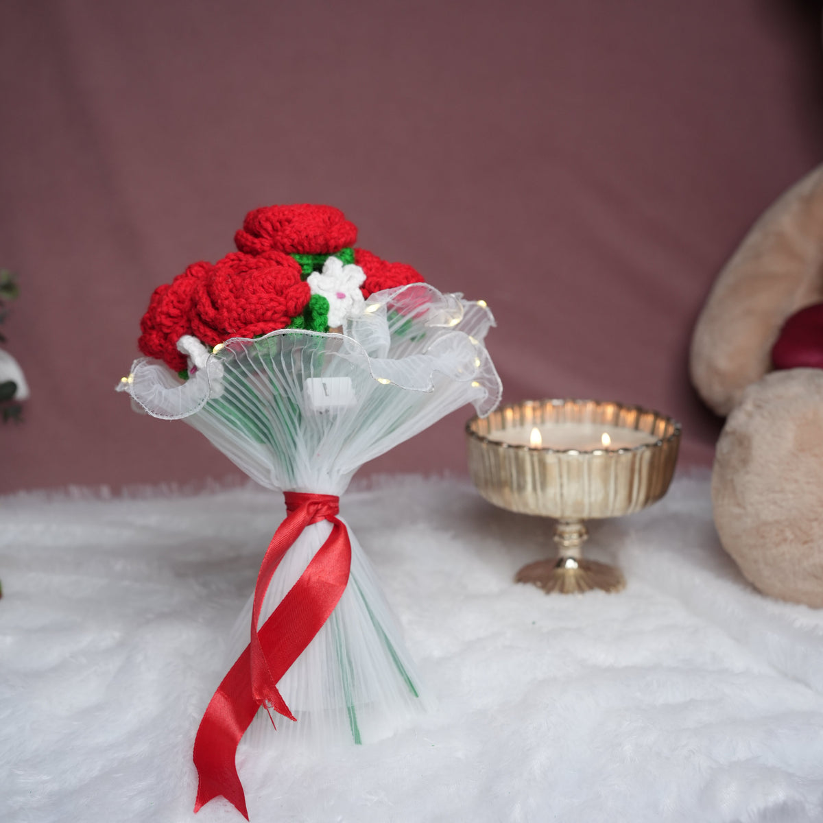 Radiant Red Rose Bloom – Handcrafted Crochet  with LED Glow | ArteCasa - https://artecasa.in/