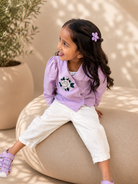 Osaka Blazer Blouse and Positano Pants set front view, lilac wrap blouse with cannoli cream organic cotton-linen trousers