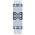 A long, narrow woven textile with a geometric pattern, featuring alternating light gray and dark navy blue woven strips, shown flat against a white background.