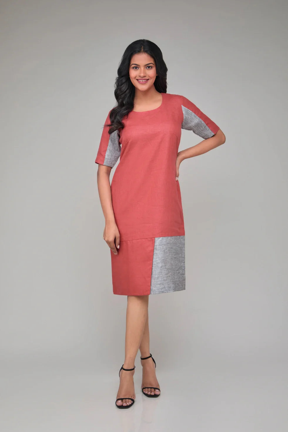 Contrast Half Sleeves Hemp Shift Dress