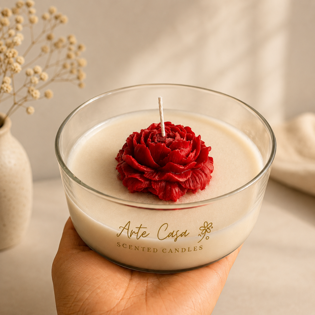 Crimson Rose Round Sculptural Candle | Red Carnation Scented Soy Wax Candle - https://artecasa.in/