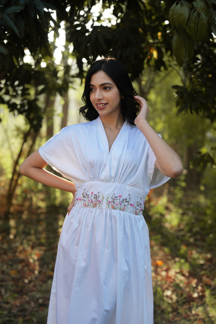Eknoor Hand-Embroidered Midi Dress – hand-embroidered 100% cotton – RASRA MAI