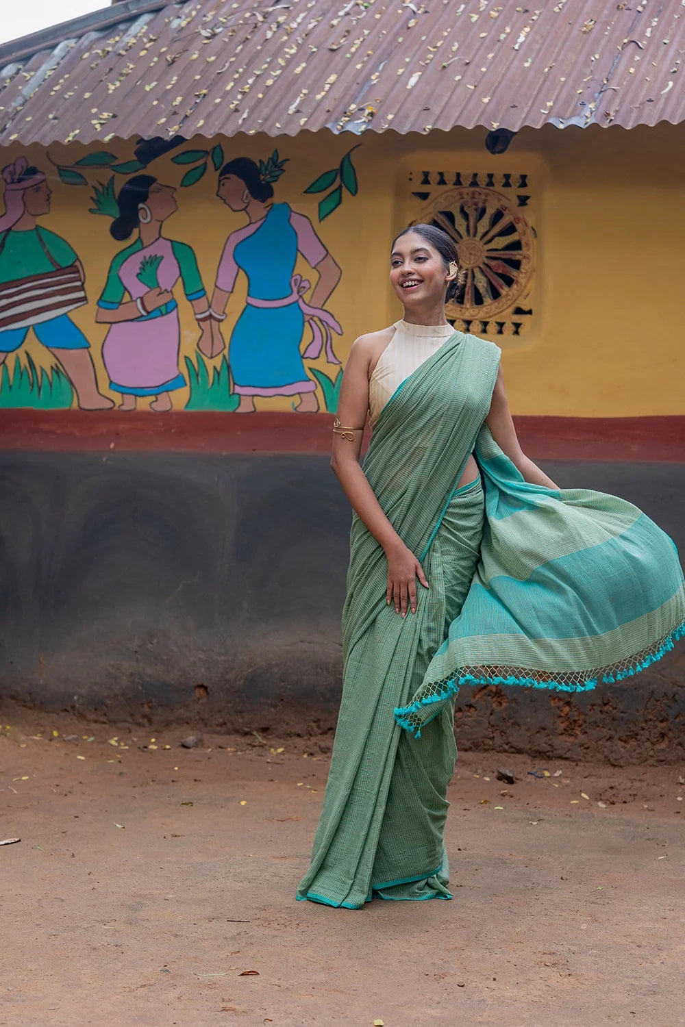 Handloom Sea Green Check Mul Cotton Saree-Sutra Art of Clothing