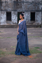 Handloom Blue Pure Linen Saree with White Stripes-Sutra Art of Clothing