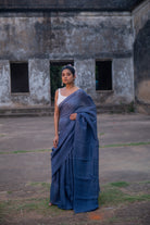 Handloom Blue Pure Linen Saree with White Stripes-Sutra Art of Clothing