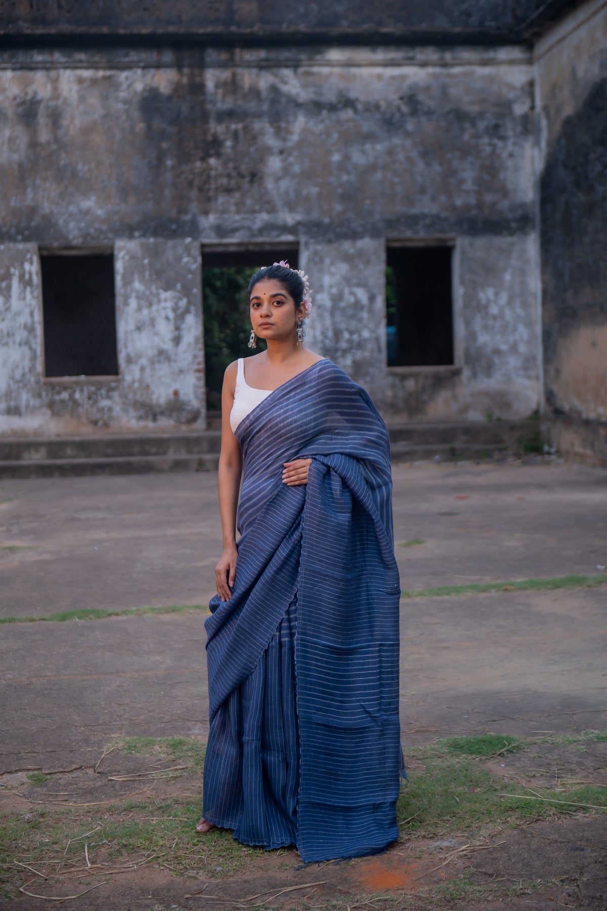 Handloom Blue Pure Linen Saree with White Stripes-Sutra Art of Clothing