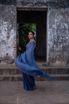 Handloom Blue Pure Linen Saree with White Stripes-Sutra Art of Clothing