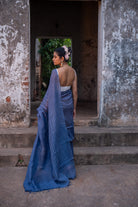Handloom Blue Pure Linen Saree with White Stripes-Sutra Art of Clothing