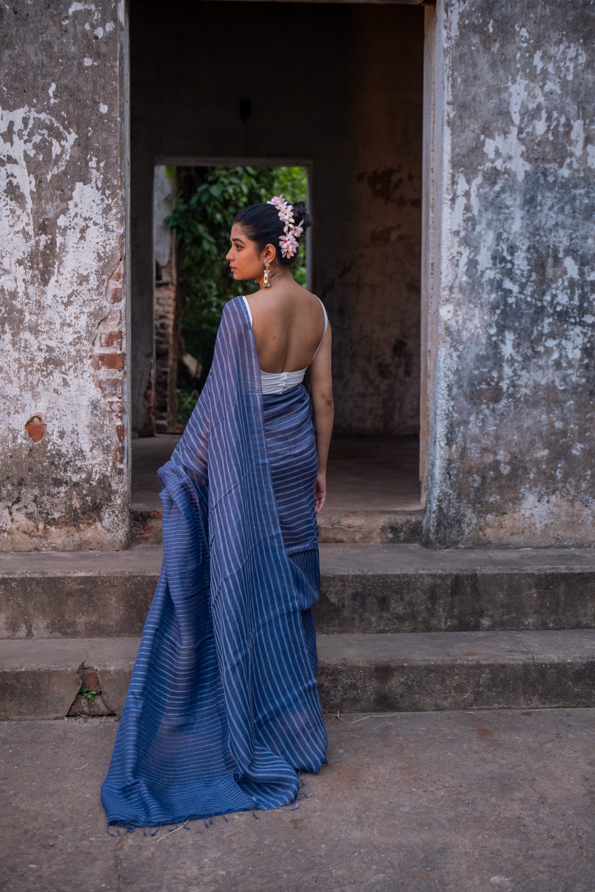 Handloom Blue Pure Linen Saree with White Stripes-Sutra Art of Clothing