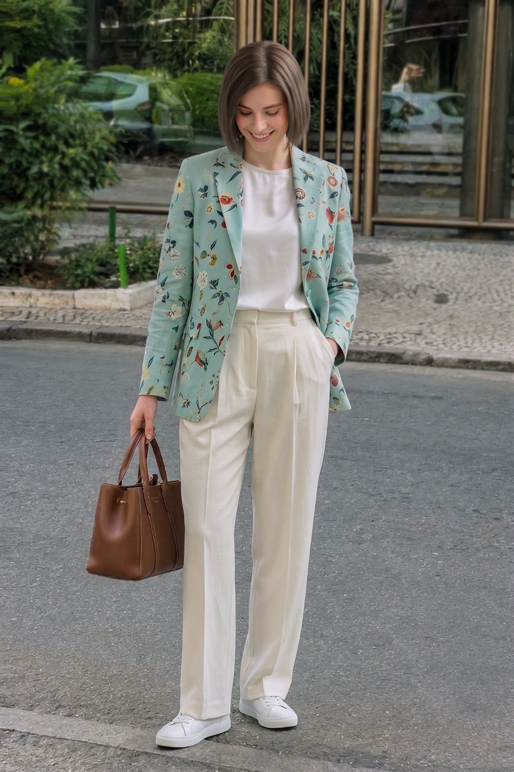A woman stands on a city street wearing a light mint green floral linen blazer over a white top and cream-colored wide-leg trousers, holding a brown leather handbag.